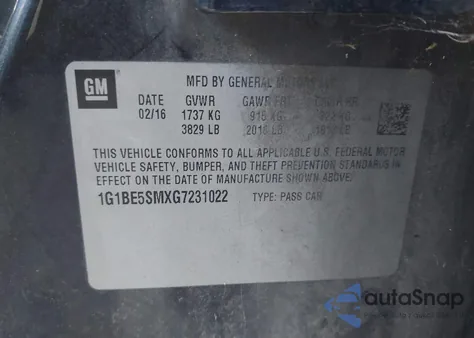 2016 Chevrolet Cruze Lt Auto from USA, damaged, VIN 1G1BE5SMXG7231022